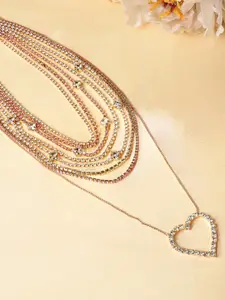 Rubans Voguish Rubans Gold Plated Pink & White American Diamond & Zirconia Studded Heart Pendant Necklace