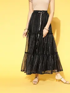 Libas Women Stylish Black Embellished Tiered Skirt