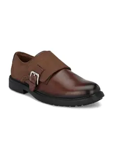 Hitz Men Brown Leather Buckle Formal Monk Shoes
