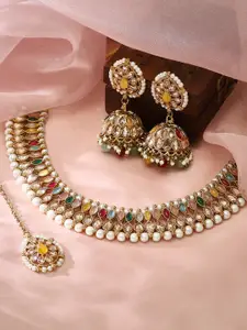 Rubans Gold Plated Handcrafted AD & Multicolor Stone Studded Necklace Set