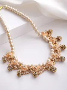 DUGRISTYLE Gold-Plated Pink & White Kundan Studded & Pearl Beaded Sterling Silver Necklace