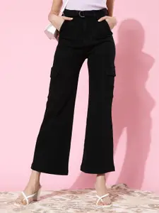 DOLCE CRUDO Women Stylish Black High-Rise Wide Leg Stretchable Jeans
