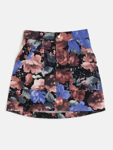 Noh.Voh - SASSAFRAS Kids Black & Blue Floral Printed Mini Skirt