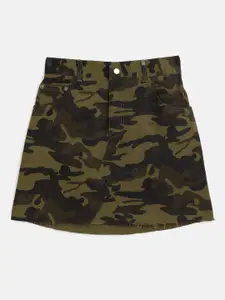 Noh.Voh - SASSAFRAS Kids Olive Green Printed Raw Hem Mini Skirt