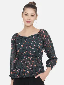 Slenor Green Print Sweetheart Neck Georgette Peplum Top