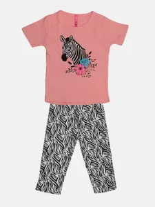 TINY HUG Girls Pink & Black Printed T Shirt &  Trousers