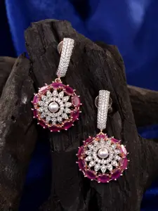 Saraf RS Jewellery Red & Rose Gold Plated AD Studded Contemporary Drop Earrings