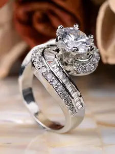 Saraf RS Jewellery White & Rhodium-Plated AD Studded Finger Ring