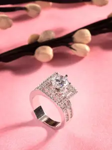 Saraf RS Jewellery Silver-Plated & White AD Studded Solitaire Square Finger Ring