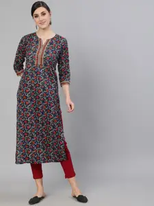 Nayo Women Blue7 Red Ethnic Motifs Printed Straight Kurta