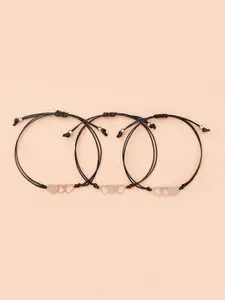 Yellow Chimes Yellow Chimes Women Set of 3 Black & Silver-Toned Threaded Heart Dajayn Bracelets