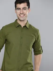 HERE&NOW Men Olive Green Solid Slim Fit Pure Cotton Sustainable Casual Shirt