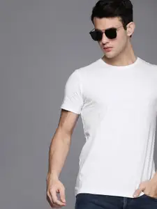 Louis Philippe Jeans Men White Self Design Pure Cotton Slim Fit Casual T-shirt