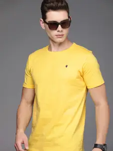 Louis Philippe Jeans Men Yellow Solid Slim Fit Pure Cotton T-shirt