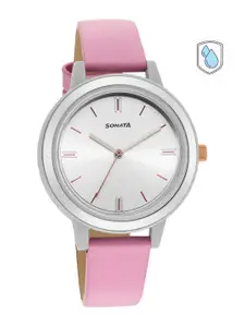 Sonata Women Silver-Toned Dial & Pink Leather Straps Analogue Watch 87036PL09W