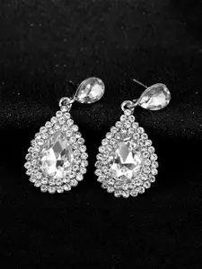 Yellow Chimes Silver-Plated White Crystal Tear Drop Earrings