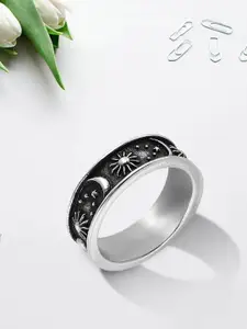 Yellow Chimes Men Black & Silver-Toned Stainless Steel Sun Moon Universe Energy Sign Ring
