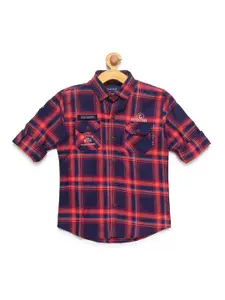 CAVIO Boys Orange & Navy Blue Premium Tartan Checked Casual Shirt