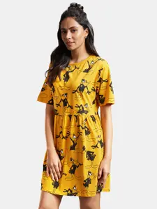 The Souled Store Women Yellow Looney Tunes Daffy Duck Print Oversized Fit & Flare Dress