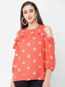 109F Coral & White Polka Dots Print Cold-Shoulder Sleeves A-line Top