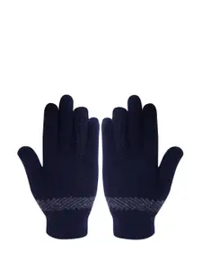 LOOM LEGACY Women Navy Blue Patterned Acrylic Wool Hand Gloves