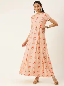 Ethnovog Peach-Coloured  Red Floral Print Satin Made To Measure Maxi Dress