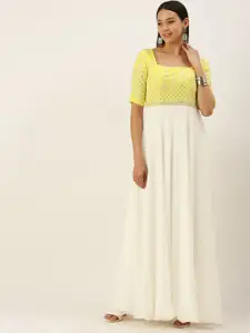 Ethnovog White  Yellow Embroidered Made To Measure Maxi Dress
