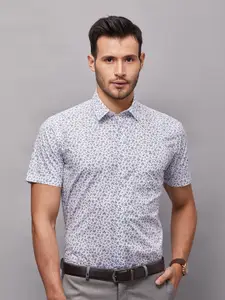 Oxemberg Men Off White Classic Slim Fit Floral Printed Cotton Formal Shirt