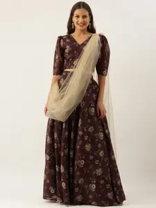 Ethnovog Maroon  Beige Digital Print Made to Measure Fusion Lehenga Blouse Dupatta