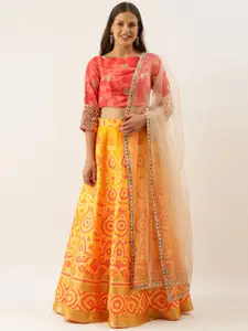 Ethnovog Mustard Yellow  Gold Jacquard Bandhani Made to Measure Lehenga Blouse Dupatta