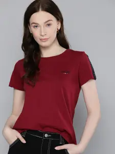 Harvard Women Maroon Print Detail Side Taping Pure Cotton T-shirt