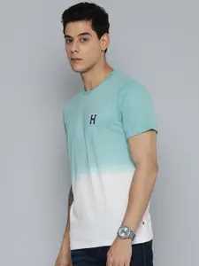 Harvard Men Sea Green & White Colourblocked Pure Cotton Casual T-shirt