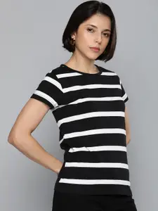 Harvard Women Black & White Striped Pure Cotton  T-shirt