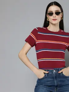 Harvard Women Maroon & Blue Multi Or Variegated Stripes Pure Cotton T-shirt