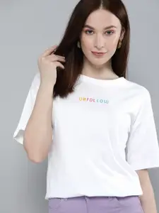 Harvard Women White & Multicoloured Typography Printed Casual T-shirt