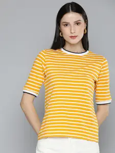 Harvard Women Yellow & White Horizontal Stripes Pure Cotton T-shirt