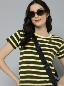 Harvard Women Yellow & Green Striped Pure Cotton T-shirt