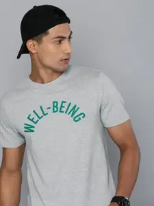 Harvard Men Grey Melange & Green Typography Printed Slim Fit Casual T-shirt