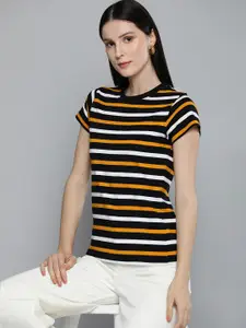 Harvard Women Black & White Multi Or Variegated Stripes Round Neck Pure Cotton T-shirt
