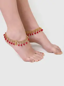 ZENEME Set Of 2 Gold-Toned & Red Gold-Plated Kundan-Studded Beaded Anklets