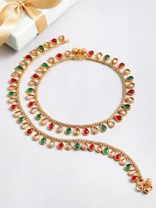 ZENEME Set Of 2 24K Gold-Plated Red & Green Stone-Studded Handcrafted Anklets