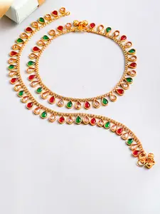 ZENEME Set Of 2 24K Gold-Plated Red & Green Stone-Studded Handcrafted Anklets