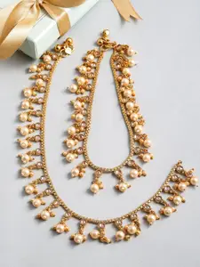 ZENEME Set Of 2 Gold-Plated Kundan-Studded Beaded Anklets