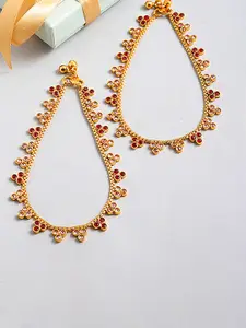 ZENEME Set Of 2 Gold-Plated Stone-Studded Beaded Handcrafted Anklets