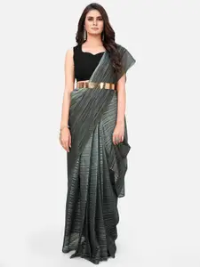 SHOPGARB Grey & Copper-Toned Striped Saree with Metal Belt