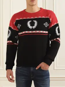 Fred Perry Men Black & Red Fair Isle Printed Pure Cotton Pullover