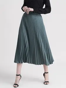 FableStreet Women Green Solid Accordion Pleated A-line Skirt