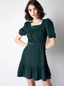 FabAlley Green Solid Crepe Fit & Flare Dress