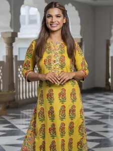 Jaipur Kurti Women Mustard Yellow Floral Printed Gotta Patti Pure Cotton Kurta with Skirt