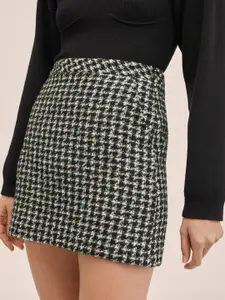 MANGO Women Black & White Self Design High-Waist Tweed Mini Skirt